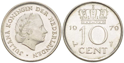 НИДЕРЛАНДЫ 10 ЦЕНТОВ 1979 ЮЛИАНА (1948-1980) KM 182 никель 211-1252