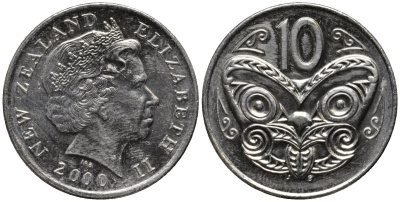 Новая Зеландия 10 центов 2000 Елизавета II (1952-2022), маска маори KM 117 медно-никель 4579-956