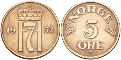 НОРВЕГИЯ 5 ЭРЕ 1952 ХАКОН VII (1905-1957) KM 400 бронза 215-126