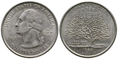 США 25 центов = квотер 1999 Р, серия штаты США, Коннектикут KM 297 медь плакированная медно-никелем 56-1242