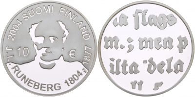 Финляндия 10 евро 2004 200 лет со дня рождения Йохана Людвига Рунеберга, поэт KM 115 серебро  PROOF  11-162-23