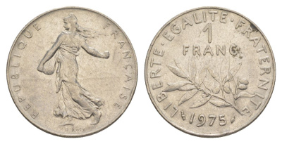 Франция 1 франк 1975 сеятель KM 925.1, Le Franc 226.20 никель 4631-534