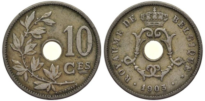 БЕЛЬГИЯ 10 САНТИМОВ 1903 BELGIQUE, РЕДКАЯ, ЛЕОПОЛЬД II (1865-1909) KM 52 медно-никель 27-914