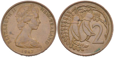 Новая Зеландия 2 цента 1967 Елизавета II (1952-2022), два цветка кохаи KM 32.1 бронза 217-536