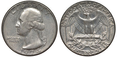 США 25 центов (квотер) 1974 Вашингтон KM 164a медь плакированная медно-никелем 4128-635