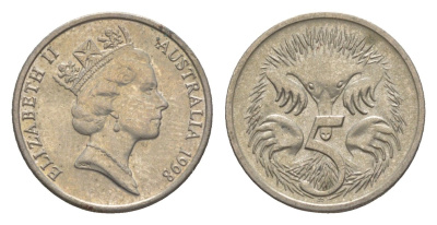 Австралия 5 центов 1998 Елизавета II (1952-2022), ехидна KM 80 медно-никель 4154-168