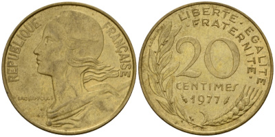 Франция 20 сантимов 1977 тип Marianne KM 930 алюминиевая бронза 4393-342