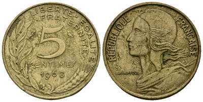 Франция 5 сантимов 1968 тип Marianne KM 933 алюминиевая бронза 4136-437