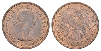 Новая Зеландия 1 пенни 1963 Елизавета II (1952-2022), новозеландский туи KM 24.2 бронза aUNC 4587-641
