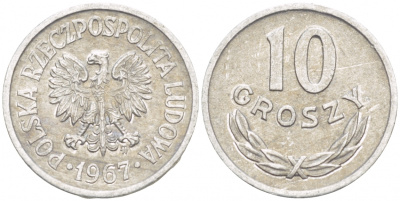 Польша 10 грошей 1967 MW KM AA47, Parchimowicz 206f алюминий 4549-261