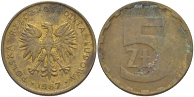 ПОЛЬША 5 ЗЛОТЫХ 1987 MW KM 81.2 латунь 4548-652