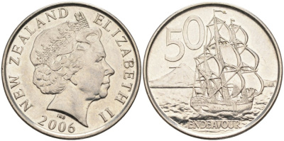 Новая Зеландия 50 центов 2006 Елизавета II (1952-2022), парусник Индевор KM 119а никелированная сталь 4579-1046