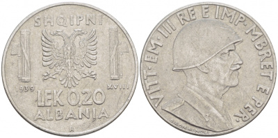 Албания 0,20 лека 1939 R, Итальянская оккупация KM 29 нержавеющая сталь 113-1052