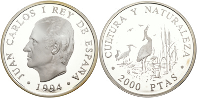 Испания 2000 песет 1994 серия культура и природа, рыжая цапля на болоте KM 940 серебро PROOF 00-000-00