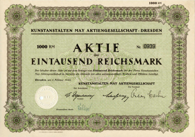 Германия 1000 рейхсмарок 1942 Kunstanstalten May AG (КАМАГ) - художественное издательство, акция   бумага   8801-82-1