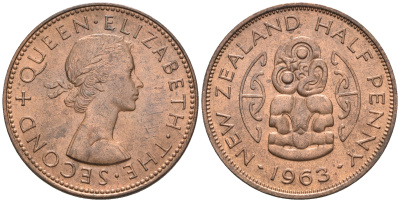 Новая Зеландия 1/2 пенни 1963 Елизавета II (1952-2022), божество Хей-Тики KM 23.2 бронза  aUNC  4176-122