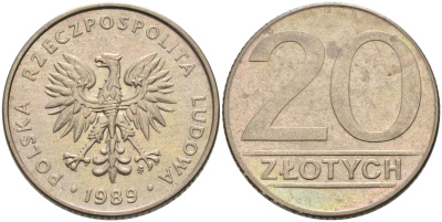 ПОЛЬША 20 ЗЛОТЫХ 1989 MW KM 153.2 медно-никель 4566-513