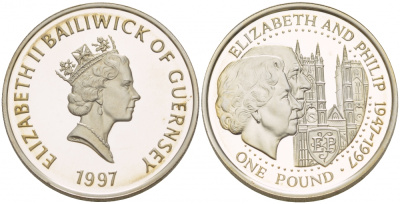 Гернси 1 фунт 1997 Елизавета и Филлип, золотая свадьба KM 70 серебро PROOF 1096-5-64