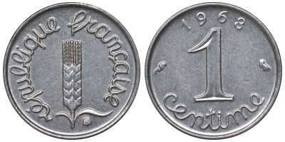 Франция 1 сантим 1968 пятая республика KM 928, Le Franc 106.15 нержавеющая сталь 4124-415