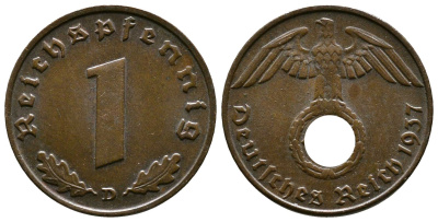Германия 1 рейхспфенниг 1937 D KM 89, J. 361 бронза    220-165