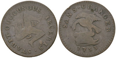 Остров Мэн 1 пенни 1733 подделка в ущерб обращению, Джеймс Стэнли, вес 7,92 гр, диаметр 28 мм KM 5 медь 95-824