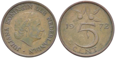 Нидерланды 5 центов 1972 Юлиана (1948-1980) KM 181 бронза 213-1116