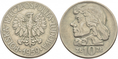 Польша 10 злотых 1959 MW, Тадеуш Костюшко, первый год KM 50 медно-никель 114-1142