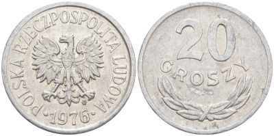 Польша 20 грошей 1976 MW KM A47, Parchimowicz 208p алюминий 3336-845