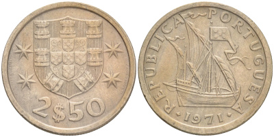 ПОРТУГАЛИЯ 2,5 ЭСКУДО 1971 ПАРУСНИК KM 590 медно-никель 75-1556