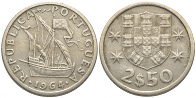 Португалия 2,5 эскудо 1964 парусник KM 590 медно-никель 105-1213