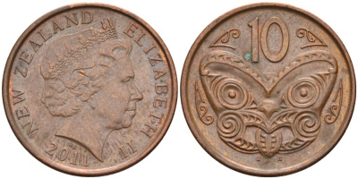 Новая Зеландия 10 центов 2011 маска Маори, Елизавета II (1952-) KM 117а сталь плакированная медью 4114-443