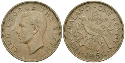 Новая Зеландия 1 пенни 1950 Георг VI (1936-1952), новозеландский туи KM 21 бронза 4536-242