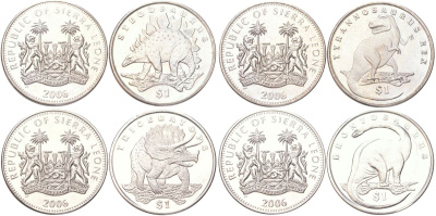 Сьерра-Леоне полный набор из 4 монет (1 доллар) 2006 Динозавры - Стегозавр, Тираннозавр, Трицератопс и Бронтозавр KM 308, 309, 310 и 324 медно-никель BU 00-00