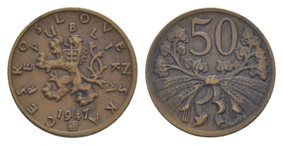 Чехословакия 50 геллеров 1947 KM 21 бронза 4516-423