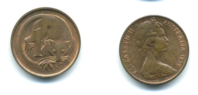 АВСТРАЛИЯ 1 ЦЕНТ 1979 ЕЛИЗАВЕТА II, МОЛОДОЙ ПОРТРЕТ, ОПОССУМ KM 62 бронза 46-163