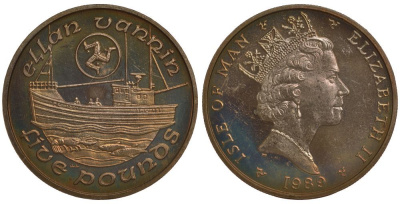 Остров Мэн 5 фунтов 1989 АА, рыбацкая лодка, рыбы, рак KM 215 вирениум UNC 00-00