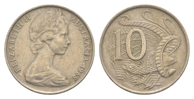 Австралия 10 центов 1968 Елизавета II (1952-2022), птица лирахвост KM 65 медно-никель 4364-3754