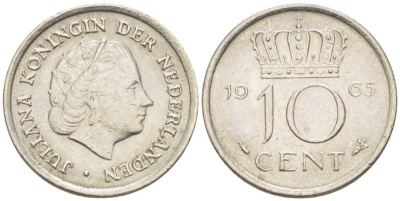 Нидерланды 10 центов 1965 Юлиана (1949-1980) KM 182 никель 214-1215