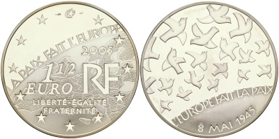 Франция 1 1/2 евро 2005 60 лет мира в Европе, голуби мира КМ 1441 серебро PROOF 11-183-44