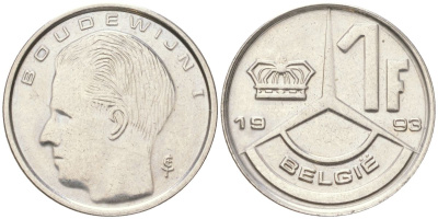Бельгия 1 франк 1993 Belgie, Бодуэн I (1951-1993) KM 171 нержавеющая сталь 4614-119