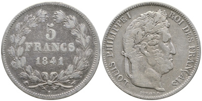 Франция 5 франков 1841 W, Луи Филипп I (1830-1848) KM 749.13 серебро 1066-6-53