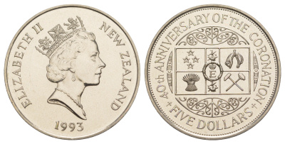 Новая Зеландия 5 долларов 1993 40 лет коронации Королевы Елизаветы II KM 88 медно-никель BU 1085-8-33