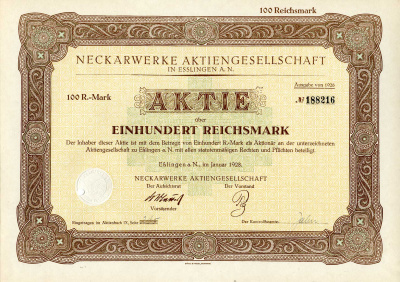 Германия 100 рейхсмарок 1928 АО Неккарверке в Эсслингене, акция   бумага  8801-73-1