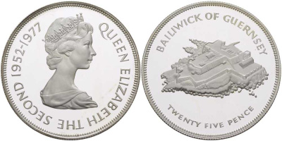 Гернси 25 пенсов 1977 25 лет правления Елизаветы II, крепость, в оригинальной коробке, с сертификатом, тираж 25000 экземпляров KM 31а серебро  PROOF  6-5-3-32