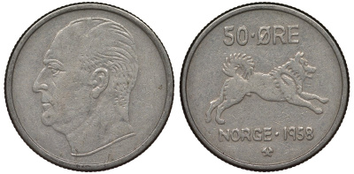 Норвегия 50 эре 1958 Улаф V (1957-1991), собака KM 408 медно-никель 4128-1126