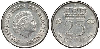 Нидерланды 25 центов 1963 Юлиана KM 183 никель 71-1029