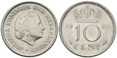 НИДЕРЛАНДЫ 10 ЦЕНТОВ 1966 ЮЛИАНА KM 182 никель 96-446