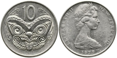 Новая Зеландия 10 центов 1979 Елизавета II (1952-2022), маска маори KM 41.1 медно-никель 3336-813