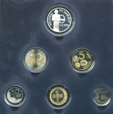Финляндия набор из 5 монет + медаль 1999 официальный набор, с сертификатом, Саммит в Хельсинки, тираж 3000 экз. PROOF 5-6-2-9
