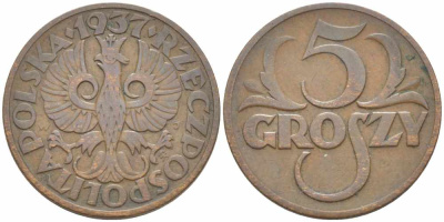 Польша 5 грошей 1937 w KM 10а, Parchimowicz 103i бронза 3458-1143